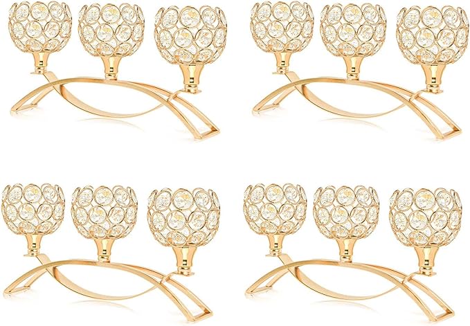 Crystal Tealight Candle Holder Centerpiece Home Decorative Candlestick Holder Elegant Table Centerpiece Home Decor Wedding Party Anniversary (Gold, 3 Arm of 4 Pcs)