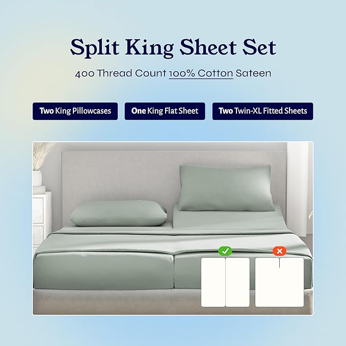 California Design Den Split King Sheets Sets for Adjustable Bed - Soft 400 Thread Count Sateen, Natural 100% Cotton Sheets with Deep Pockets, Breathable, Cooling and Durable Bedding Set - Sage Green