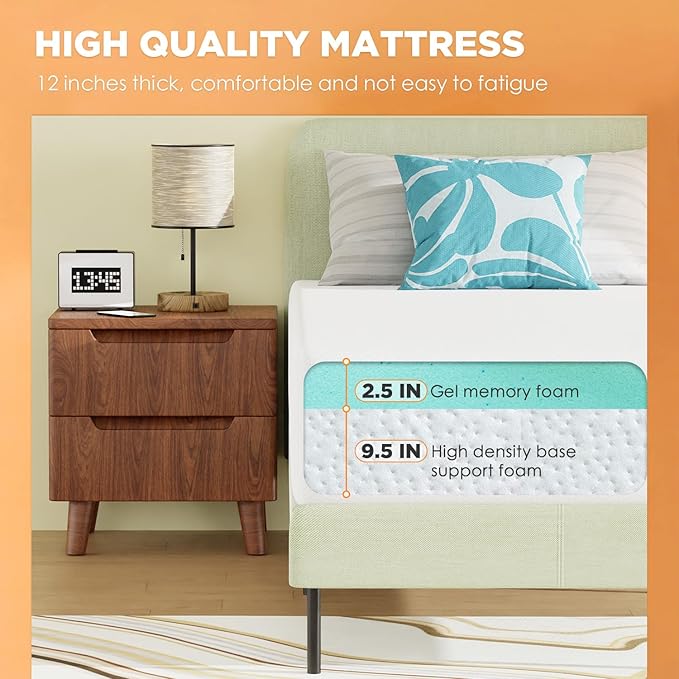 PayLessHere Queen Mattress 12 Inch Gel Memory Foam Mattress with Breathable & Washable Soft Fabric Zippered Cover,Supportive & Pressure Relief Bed Mattress,CertiPUR-US Certified,White，Fiberglass Free
