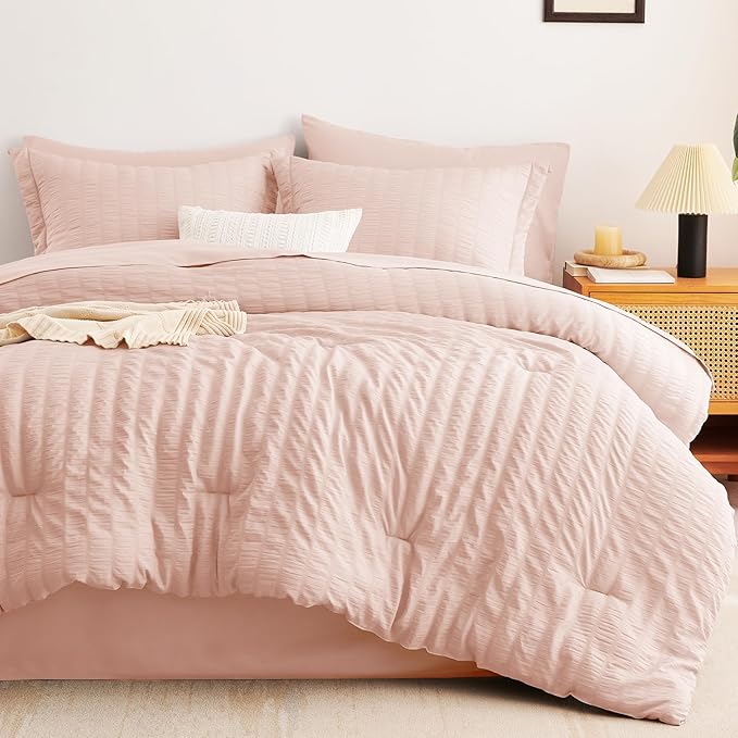 CozyLux King Size Comforter Set Blush Pink Seersucker 7 Pieces Bed in a Bag King Comforter Set with Sheets, Luxury Bedding Set with Down Alternative Comforter, Sheets, Pillowcases & Shams All Seasons