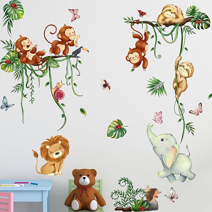 Jungle Animal Wall Stickers Forest Safari Wall Decals Kid Room Nursery Baby Bedroom Décor (Green Vine Monkey Elephant Butterfly)