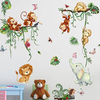Jungle Animal Wall Stickers Forest Safari Wall Decals Kid Room Nursery Baby Bedroom Décor (Green Vine Monkey Elephant Butterfly)