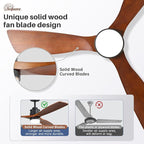 Sofucor Ceiling Fans With Lights, 60 Inch Solid Wood Ceiling Fan With Light and Remote, Indoor/Outdoor Ceiling Fans with Light, Reversible DC Motor, 3 Blade Modern Ceiling Fan Light for Bedroom Patio