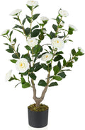 GOFLAME 3FT Artificial Camellia Tree, Faux Camellia Plant with White Flowers, Solid Wood Trunk, Realistic Moss, Greenery Potted Decoration Tree for Indoor Outdoor Home Porch Front Door