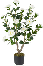 GOFLAME 3FT Artificial Camellia Tree, Faux Camellia Plant with White Flowers, Solid Wood Trunk, Realistic Moss, Greenery Potted Decoration Tree for Indoor Outdoor Home Porch Front Door