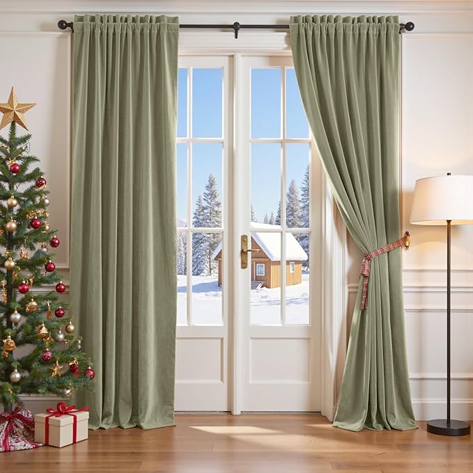Lazzzy Velvet Blackout Curtains Thermal Insulated Room Window Drapes Super Soft Luxury Curtains for Living Room Bedroom Rod Pocket 2 Panels, Olive Sage, 62" W x 96" L