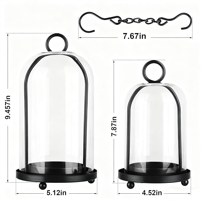 Glass Hurricane Candle Holder Decorative Gold Candle Lantern, Pillar Candlestick Holders Set of 2, Hanging Metal Holder Modern Table Centerpieces, Black