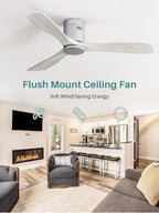 Sofucor 52 Inch Smart Ceiling Fan Without Lights Flush Mount Solid Wood Ceiling Fan with Alexa/Google Assistant/APP/Remote Control-Modern Outdoor Ceiling Fans No Light for Bedroom/Patio, Silver Grey