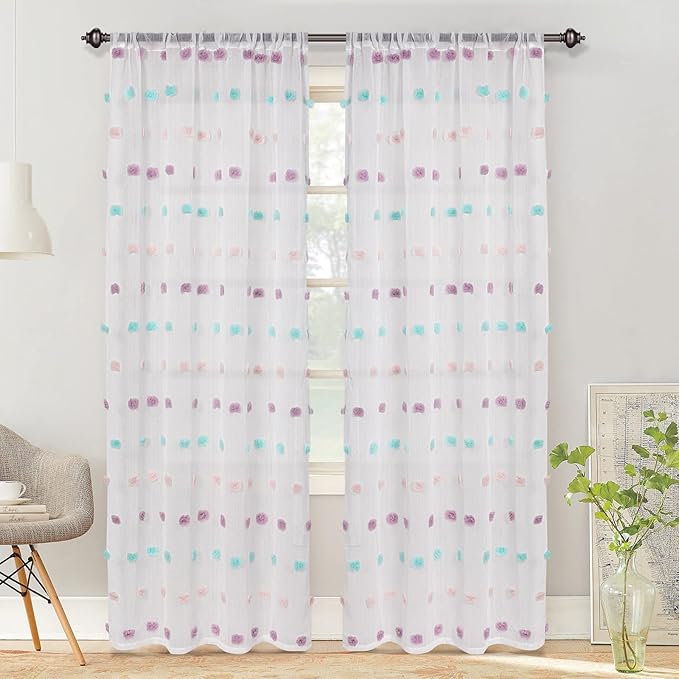 MYSKY HOME Pom Pom Curtains 84 Inch Length for Girls Bedroom 2 Panels Rainbow Curtains 84 Inch Long for Living Room Laundry Kids Nursery Rod Pocket Farmhouse Dining Room Window Drape 37" x 84"