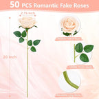BLEUM CADE 50 Pcs Champagne Roses Artificial Flowers, Real Touch Velvet Roses Fake Flowers Bulk, Artificial Roses Bouquet with Long Stems Bridal DIY Wedding Party Centerpiece Decorations