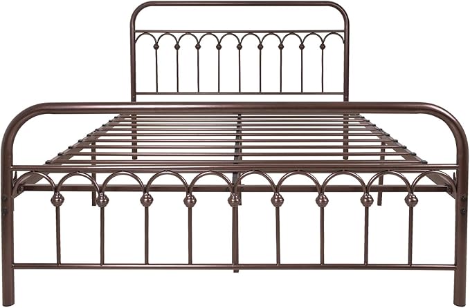 YALAXON Vintage Sturdy Queen Size Metal Bed Frame with Headboard and Footboard Basic Bed Frame No Box Spring Needed，Antique Brown.