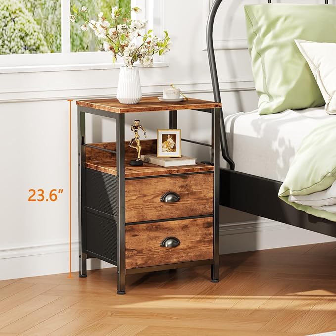 Furologee Night Stand Set of 2, Nightstand with 2 Fabric Drawers, Bed Side Table with Open Shelf, Wooden Top, Hooks, Backboard Design, End Table for Bedroom, Study, Hallway, Brown