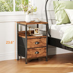 Furologee Night Stand Set of 2, Nightstand with 2 Fabric Drawers, Bed Side Table with Open Shelf, Wooden Top, Hooks, Backboard Design, End Table for Bedroom, Study, Hallway, Brown