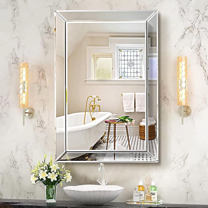 Pregaspor Mirror on Mirror Wall Mirror for Bathroom, 22" x 32" Rectangular Frameless Bathroom Vanity Mirrors for Wall, Polished Beveled Edge Decorative Mirrors for Living Room, Washroom and Bedroom