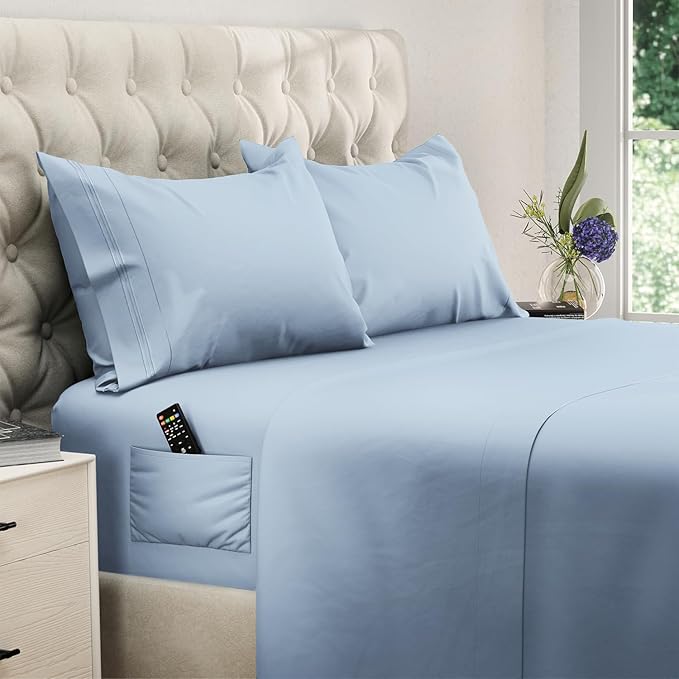 DREAMCARE King Size Sheets Set – 4 pcs Cooling Sheets – up to 21” Deep Pocket King Sheet Set – Hotel Luxury Sheets & Pillowcases – Superior Softness 100% Fine Microfiber with Side Pocket – Light Blue