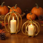 2 Pcs Thanksgiving Gold Metal Pumpkin Candle Holder 6inch 8inch Fall Iron Pumpkin Votive Candle Holder for Holiday Autumn Halloween Home Room Vintage Decoration
