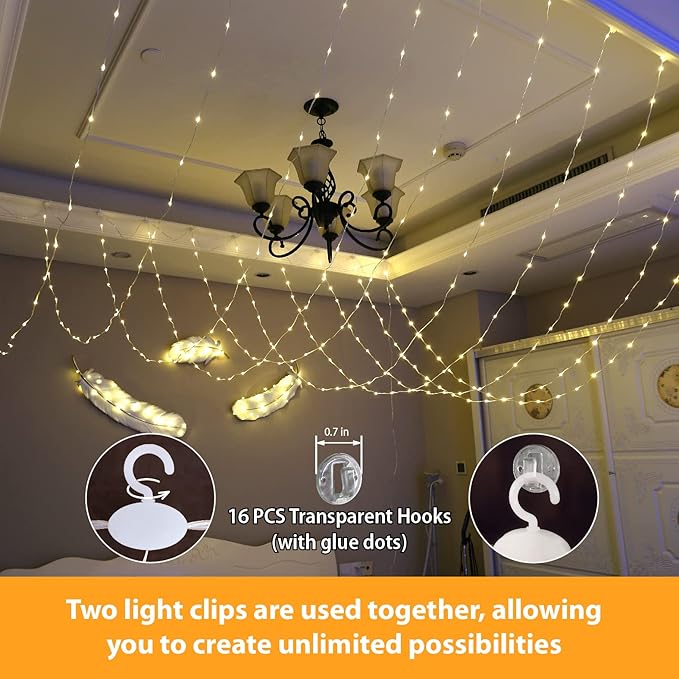 HXWEIYE 300LED Fairy Curtain Lights, 9.8x9.8Ft USB Plug-in 8 Modes Christmas String Hanging Lights with Remote for Bedroom Backdrop Wedding Party Indoor Wall Decor, Warm White, Tangle-Free