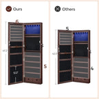 SONGMICS 6 LEDs Mirror Jewelry Cabinet, 47.2-Inch Tall Lockable Wall or Door Mounted Jewelry Armoire Organizer with Mirror, 2 Drawers, Christmas Gift, 3.9 x 14.6 x 47.2 Inches, Brown