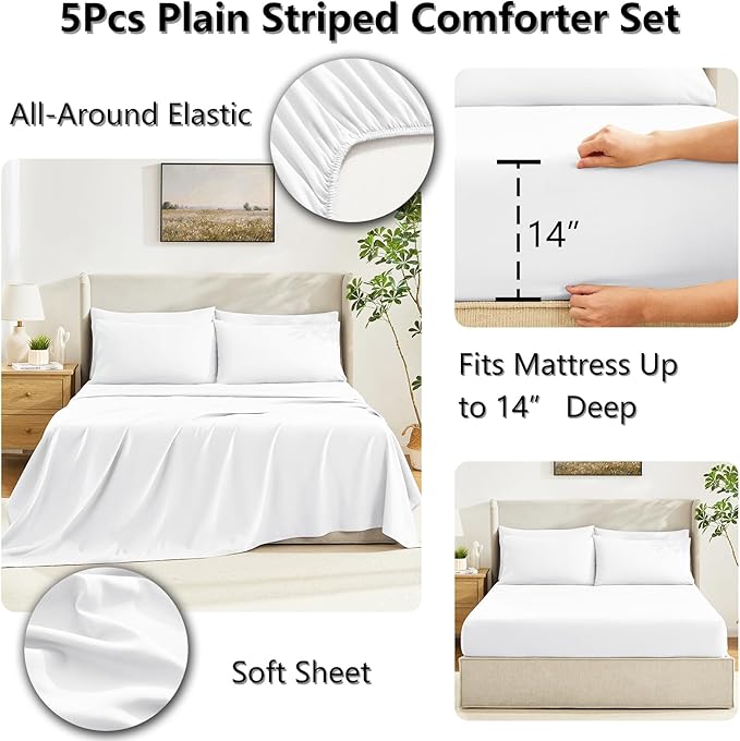 CozyLux Twin Comforter Set with Sheets White, 5 Pieces Bed in a Bag, White Comforter Twin Size, All Season Bedding Set with Stitch Quilted Comforter, Flat Sheet, Fitted Sheet, Pillowcases