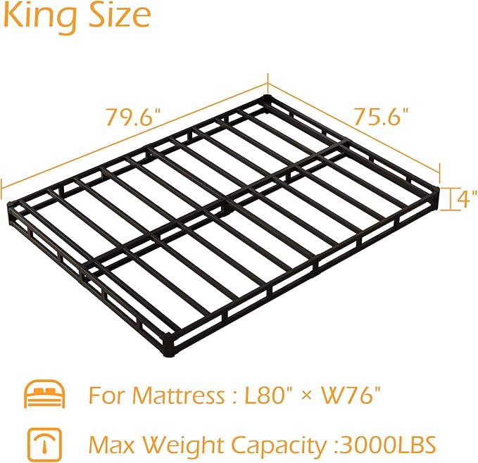 King Size Box Spring 4 Inch Low Profile, Heavy Duty Metal Box Spring Bed Base with Fabric Cover, Mattress Foundation, Easy Assembly, Noise Free, Black