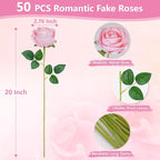 BLEUM CADE 50 Pcs Pink Roses Artificial Flowers, Real Touch Velvet Roses Fake Flowers Bulk, Artificial Roses Bouquet with Long Stems Bridal DIY Wedding Party Centerpiece Decorations