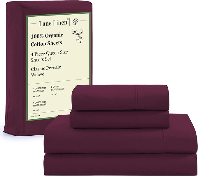 LANE LINEN 100% Organic Cotton Sheets Queen Size, Classic Percale Weave Fully Elasticized Breathable Queen Cotton Sheet Set, Machine Washable Soft & Comfy Queen Sheet Set - Windsor Wine