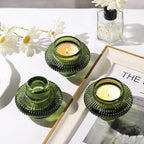 Green Taper Candle Holders Set of 10 for Taper Candles/Tea Lights, Ribbed Glass Candlestick Holders for Boho Wedding Table, Vintage Candle Sticks Holder Decor Home Decor