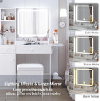 IRONCK Vanity Desk with LED Lighted Mirror & Power Outlet, Makeup Table with Drawers & Cabinet,Storage Stool, White