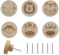 6PCS Round Engraved Animal Flat Wood Knob,Jungle Themed Kids Baby Girls Boy Room Furniture Dresser Knobs,Nursery Lion Nature Wooden Drawer Pull