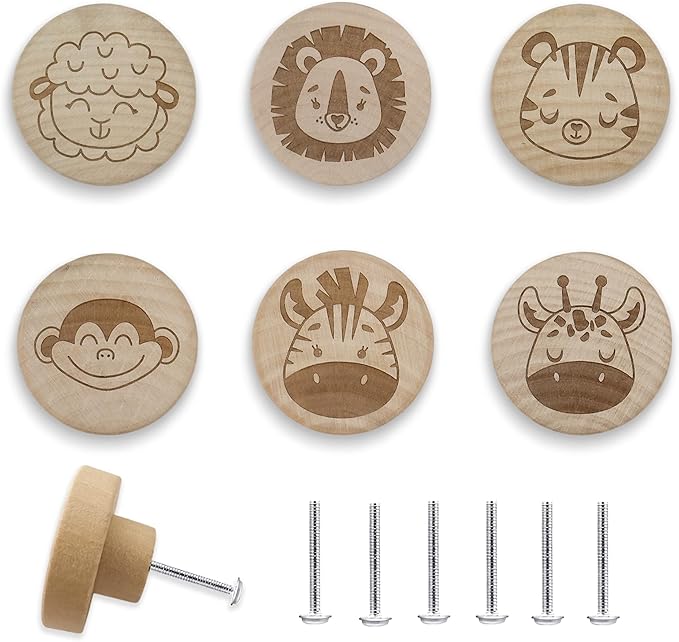 6PCS Round Engraved Animal Flat Wood Knob,Jungle Themed Kids Baby Girls Boy Room Furniture Dresser Knobs,Nursery Lion Nature Wooden Drawer Pull
