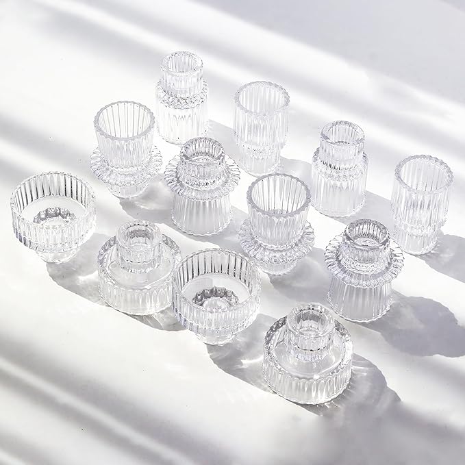 Clear Candlestick Holders 12PCS Ribbed Glass Taper Candle Holders for Tealight Stick Candles Table Centerpieces Thanksgiving Christmas Indoor and Outdoor Decorations