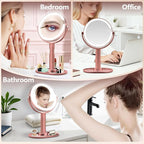 MIYADIVA Makeup Mirror with Lights, 30X Magnifying Mirror with Light and Touch Switch, Vanity Mirror with 3 Color Light and 80 LEDs, Height Adjustable Desk Mirror with Lights, Rose