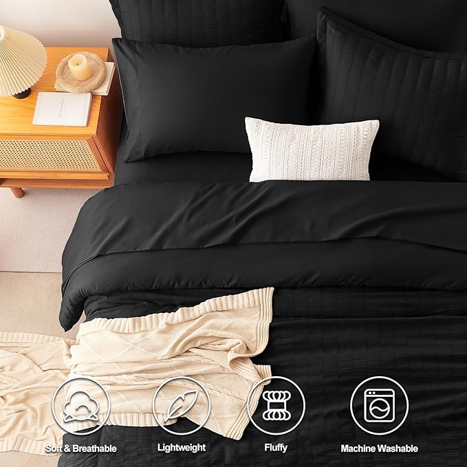CozyLux California King Comforter Set with Sheets 7 Pieces, Black Seersucker Bed in a Bag Cal King Luxury Soft Bedding Sets with Down Alternative Comforter, Sheets, Pillowcases & Shams for All Season