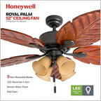 Honeywell Ceiling Fans Royal Palm, 52 Inch Tropical LED Ceiling Fan with Light, Pull Chain, Three Mounting Options, Hand Carved Solid Wood Blades - Model 50503-01 (Bronze)