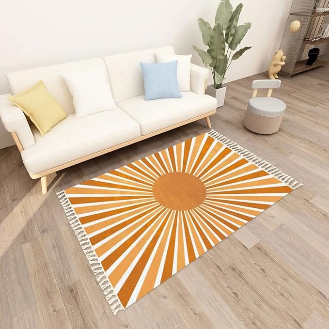Boho Rug Scandinavian Nursery Rainbow Sun Print for Playroom with Neutral Area Carpet Non-Slip Throw Rugs Mat Pad Minimalist Home Decor for Living Room Bedroom Entryway Dining Room Office 4'x6'