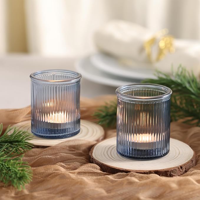 32Pcs Ribbed Blue Votive Candle Holders, Tea Light Candle Holders for Table Centerpiece, Blue Candle Holders for Wedding Decor,Home and Holiday Decor