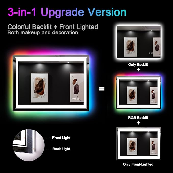 LED Mirror for Bathroom, 40"X30" with 8 RGB Backlit +3 Front Lit (Adjustable Individually), Anti-Fog, Lighted Bathroom Vanity Mirror for Wall, Shatterproof, Memory Function, Tempered Glass