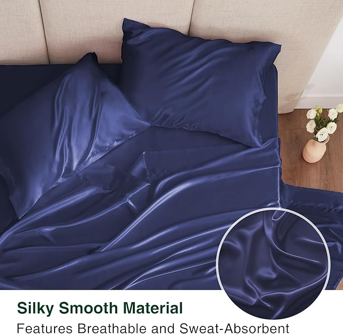 Love's cabin Satin King Sheet Sets - 4 Piece Navy Blue Silky Sheets King Size Bed with Deep Pocket, Luxury Silk Feel King Size Satin Sheet Set (1 Flat Sheet,1 Fitted Sheet,2 Pillow Cases)