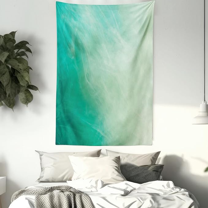 Lunarable Aqua Tapestry Twin Size, Watercolor Effect Wave Pattern Abstract Underwater Illustration Calming Artwork, Wall Hanging Bedspread Bed Cover Wall Decor, Twin Size, White Mint