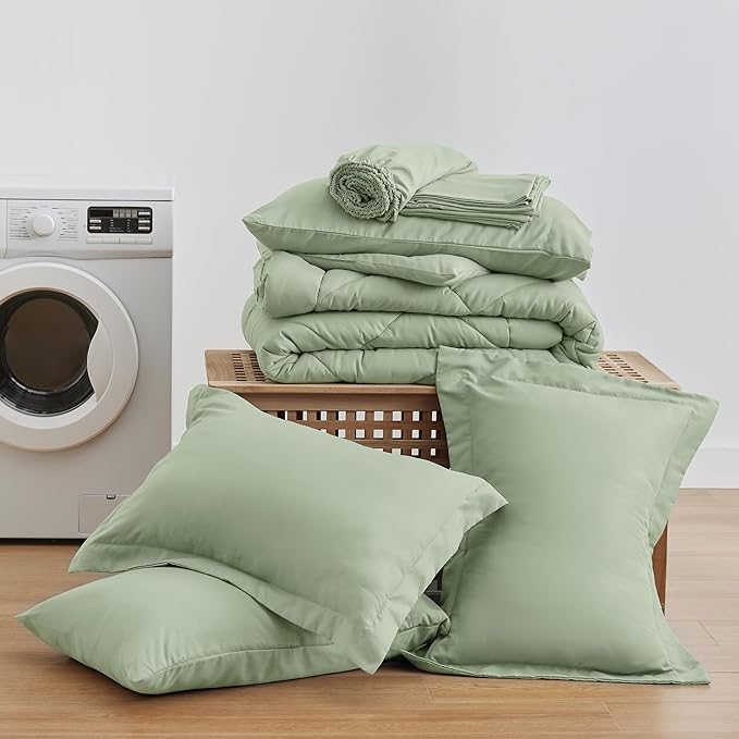 Love's cabin Full Comforter Set Sage, 7 Pieces Full Bed in a Bag, All Season Bedding Sets with 1 Comforter, 1 Flat Sheet, 1 Fitted Sheet, 2 Pillowcase and 2 Pillow Sham