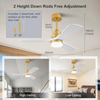 BOJUE 42 Inch Wood Ceiling Fans with Lights and Remote, White Gold Outdoor Ceiling Fan with Light, Dimmable 3 Blades Outdoor Fans for Patios Noiseless Modern Ceiling Fans for Bedroom Living Room