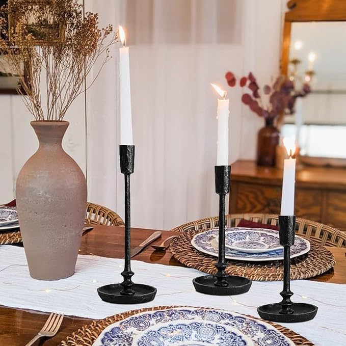Rustic Cast Iron Taper Candle Holder - Set of 3 Vintage Candle Stands, Candlestick Holders for Wedding, Dining, Party Décor (Black)