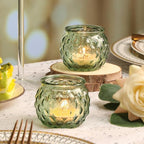 DARJEN Green Votive Candle Holders Set of 24- Round Glass Candle Holders Bulk for Flameless LED Tea Waxes, Candle Holder for Wedding Shower & Home Table Decor, Various Parties