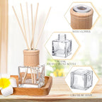 Roshtia 6 Set Reed Diffuser Bottle Empty Refillable Fragrance Glass Diffuser Bottles with Wooden Caps Rattan Sticks 50ml 1.7 oz Square Glass Jars for DIY Fragrance