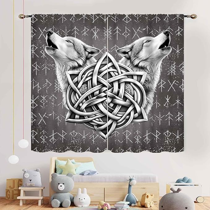 Viking Curtains, Gothic Nordic Wolf Celtic Rune Scandinavian Viking Runes Norse Mythology Aesthetic Retro Drapery for Bedroom Living Room Bathroom Window 2 Panel Set, 42"x54" Inch