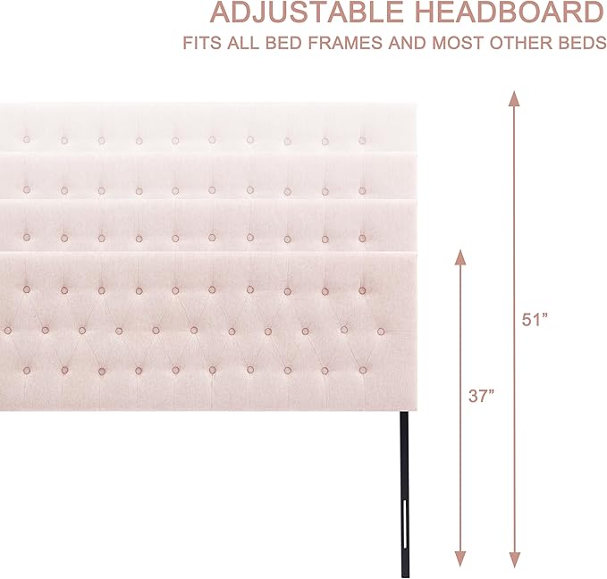 Tufted Upholstered Headboard Queen Size, Solid Wood Head Board with Durable Metal Legs, Adjustable Height Bed headboard from 37” to 51” Fabric Headboard in Modern Button Design, Pink