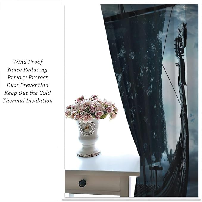 Viking Ship Curtains, Night Scene with Black Vikings Dragon Ship Sailing, Vintage Ancient Scandinavian Nautical Print Blackout Window Drapes for Boys Bedroom Living Room 84x84in