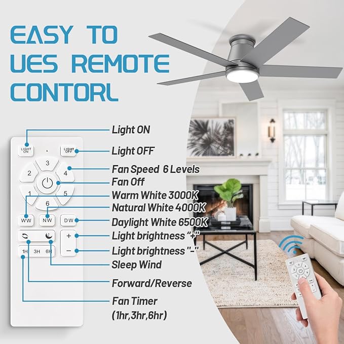 wurzee 60 Inch Flush Mount Ceiling Fan, Matte Silver Low Profile Fan Reversible DC Motors, Dimmable, Timer, Noiseless, Ceiling Fan for Indoor & Outdoor Bedrooms, Living Rooms