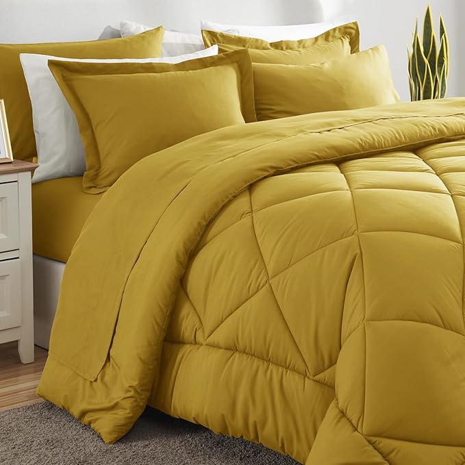 CozyLux King Size Comforter Set Mustard Yellow - 7 Pieces Bed in a Bag King, Luxury Soft Bed Set for All Seasons, Bedding Set with Down Alternative Comforter, Sheets, Pillowcases & Shams