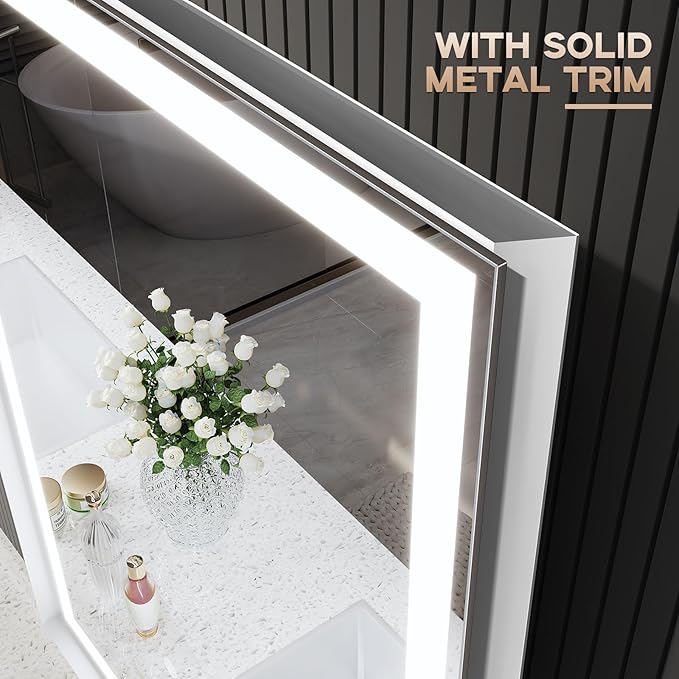 LED Bathroom Mirror, 24“x36“ Lighted Bathroom Mirror with Metal Framed, Extremely Bright LED Mirror for Bathroom, 3 Colors Dimmable, Anti-Fog, Memory, Wall Mounted Lighted Vanity Mirror